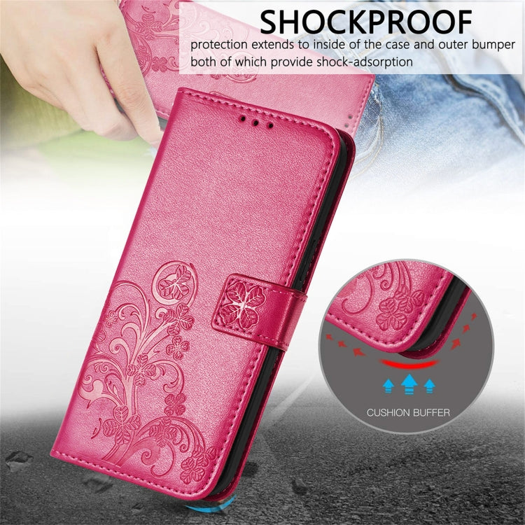 For Samsung Galaxy A22 4G Four-leaf Clasp Embossed Buckle Mobile Phone Protection Leather Case with Lanyard & Card Slot & Wallet & Bracket Function