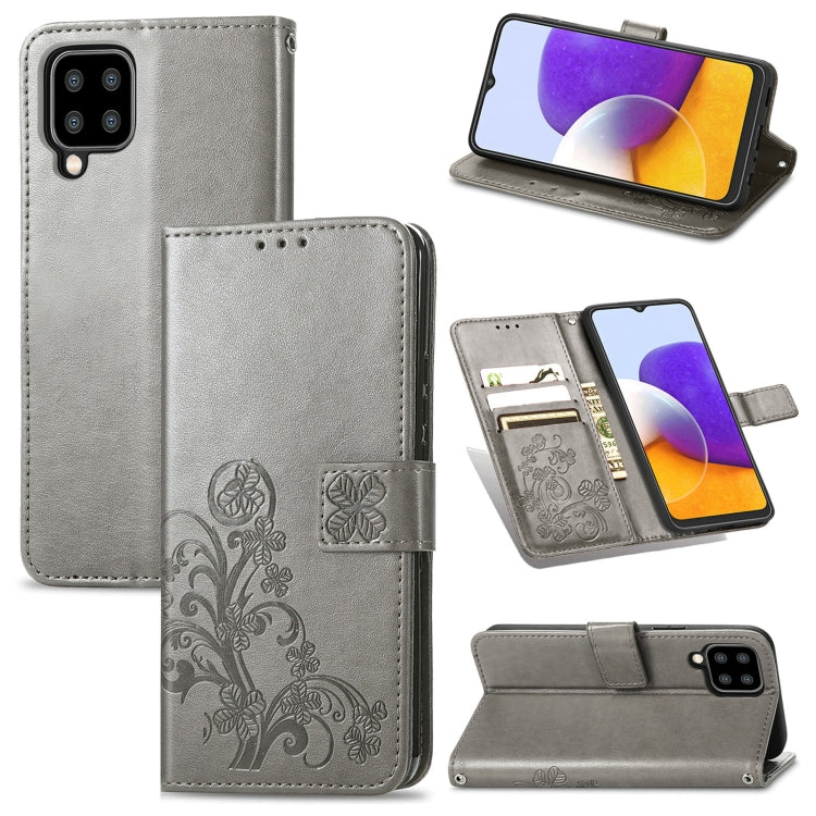 For Samsung Galaxy A22 4G Four-leaf Clasp Embossed Buckle Mobile Phone Protection Leather Case with Lanyard & Card Slot & Wallet & Bracket Function