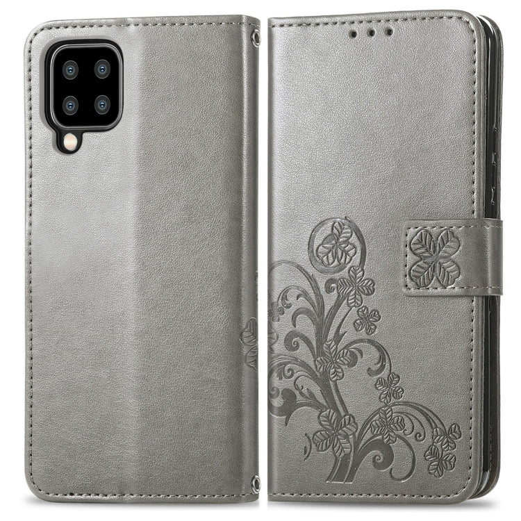 For Samsung Galaxy A22 4G Four-leaf Clasp Embossed Buckle Mobile Phone Protection Leather Case with Lanyard & Card Slot & Wallet & Bracket Function