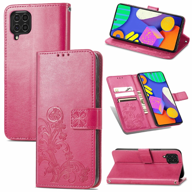 For Samsung Galaxy F62/M62 Four-leaf Clasp Embossed Buckle Mobile Phone Protection Leather Case with Lanyard & Card Slot & Wallet & Bracket Function
