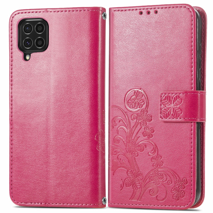 For Samsung Galaxy F62/M62 Four-leaf Clasp Embossed Buckle Mobile Phone Protection Leather Case with Lanyard & Card Slot & Wallet & Bracket Function