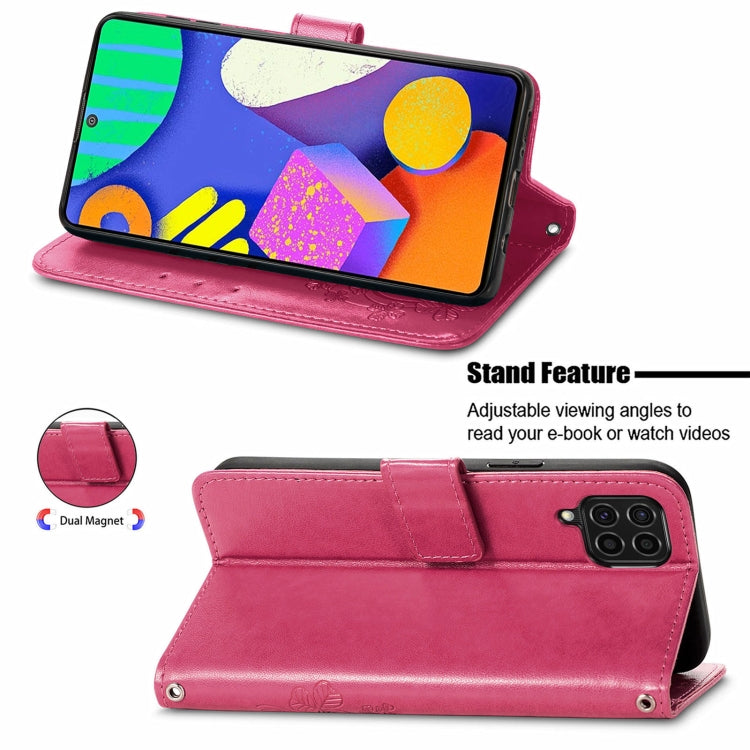 For Samsung Galaxy F62/M62 Four-leaf Clasp Embossed Buckle Mobile Phone Protection Leather Case with Lanyard & Card Slot & Wallet & Bracket Function