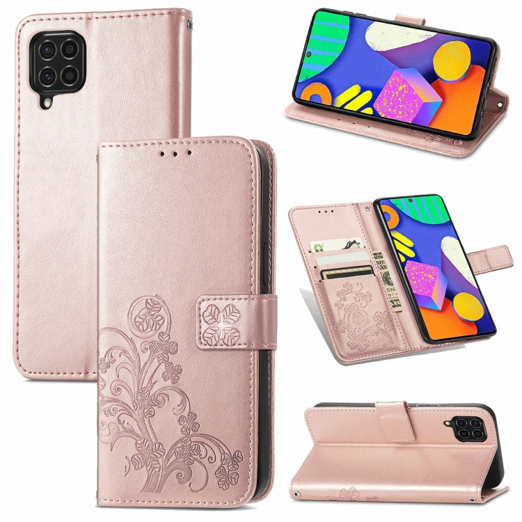 For Samsung Galaxy F62/M62 Four-leaf Clasp Embossed Buckle Mobile Phone Protection Leather Case with Lanyard & Card Slot & Wallet & Bracket Function