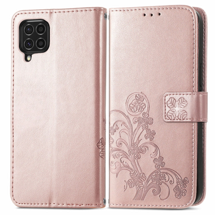 For Samsung Galaxy F62/M62 Four-leaf Clasp Embossed Buckle Mobile Phone Protection Leather Case with Lanyard & Card Slot & Wallet & Bracket Function