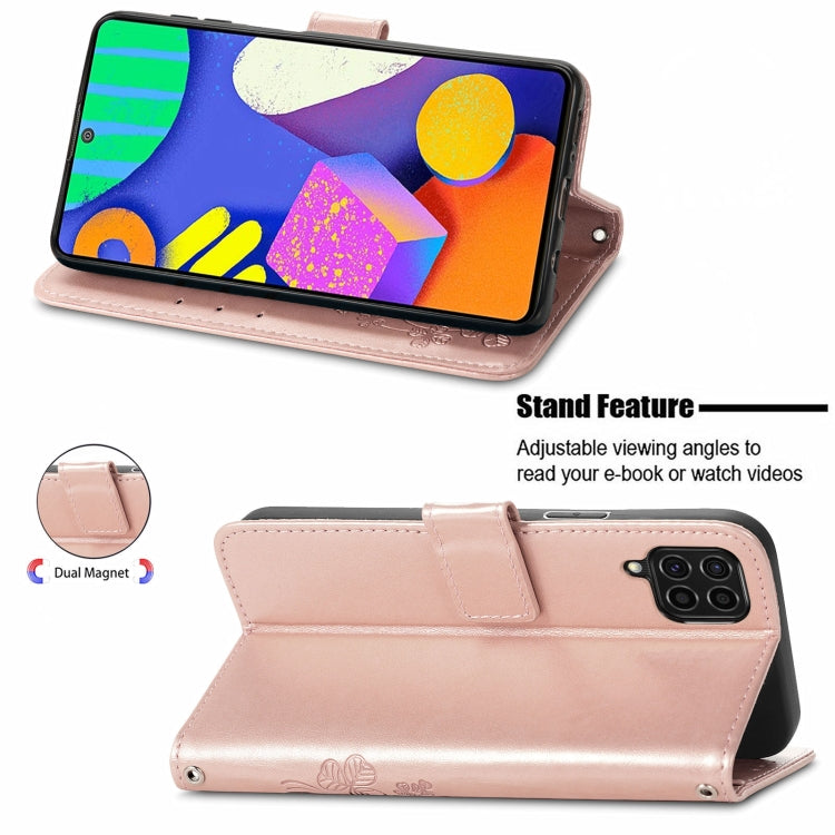 For Samsung Galaxy F62/M62 Four-leaf Clasp Embossed Buckle Mobile Phone Protection Leather Case with Lanyard & Card Slot & Wallet & Bracket Function