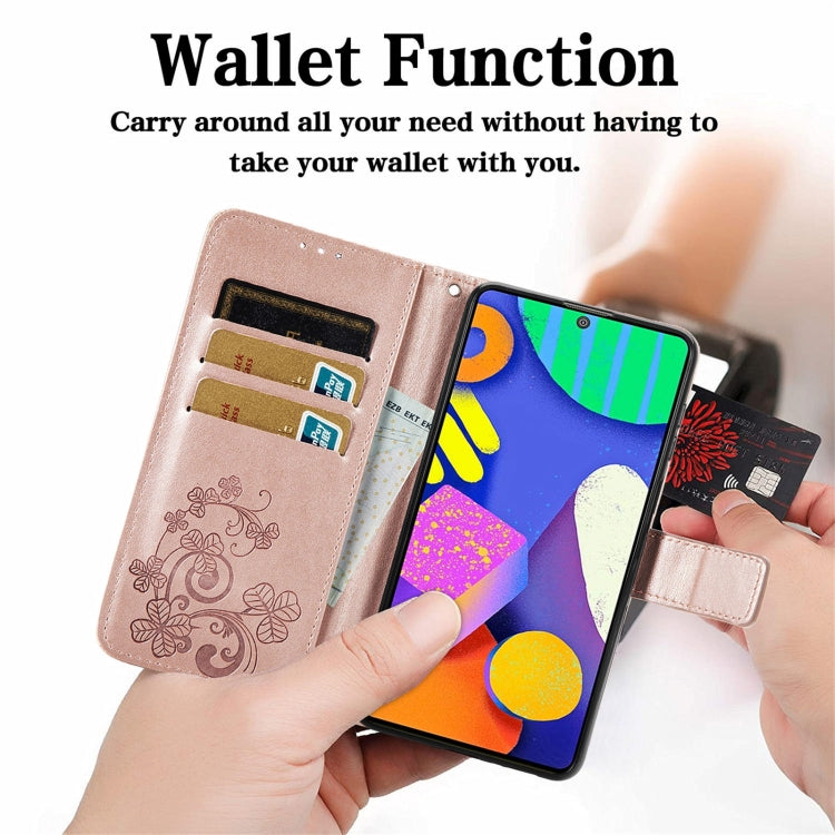 For Samsung Galaxy F62/M62 Four-leaf Clasp Embossed Buckle Mobile Phone Protection Leather Case with Lanyard & Card Slot & Wallet & Bracket Function