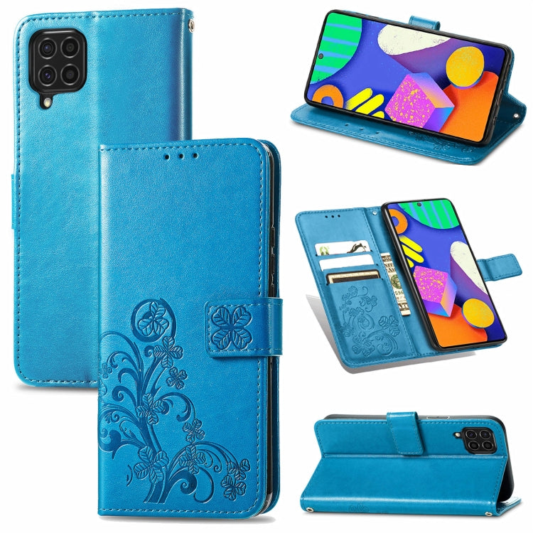 For Samsung Galaxy F62/M62 Four-leaf Clasp Embossed Buckle Mobile Phone Protection Leather Case with Lanyard & Card Slot & Wallet & Bracket Function