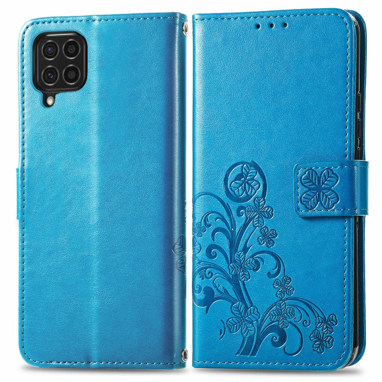 For Samsung Galaxy F62/M62 Four-leaf Clasp Embossed Buckle Mobile Phone Protection Leather Case with Lanyard & Card Slot & Wallet & Bracket Function