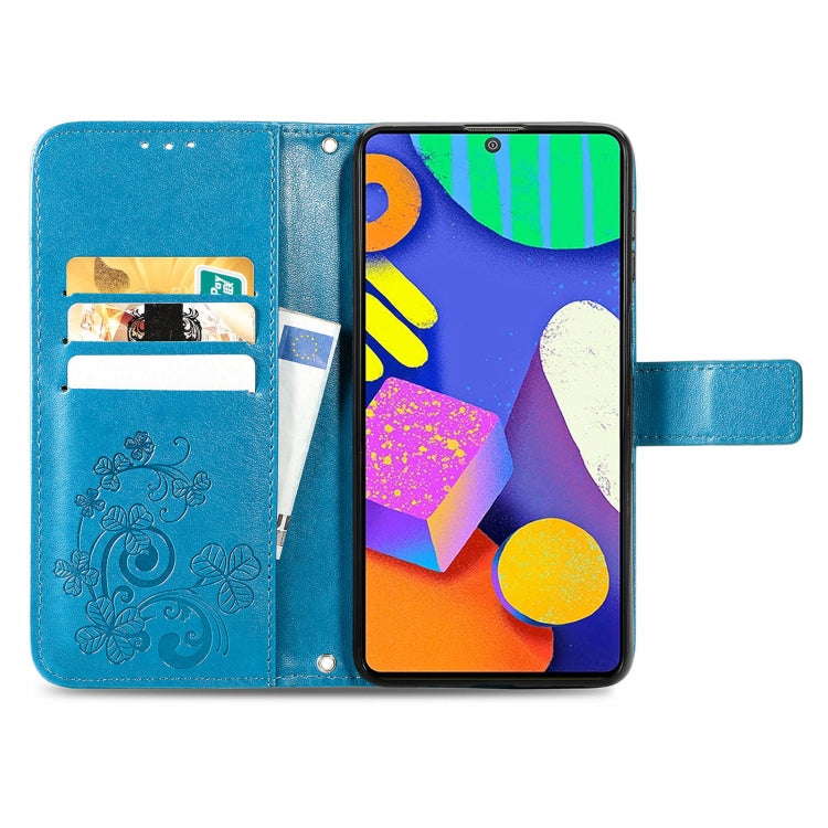 For Samsung Galaxy F62/M62 Four-leaf Clasp Embossed Buckle Mobile Phone Protection Leather Case with Lanyard & Card Slot & Wallet & Bracket Function