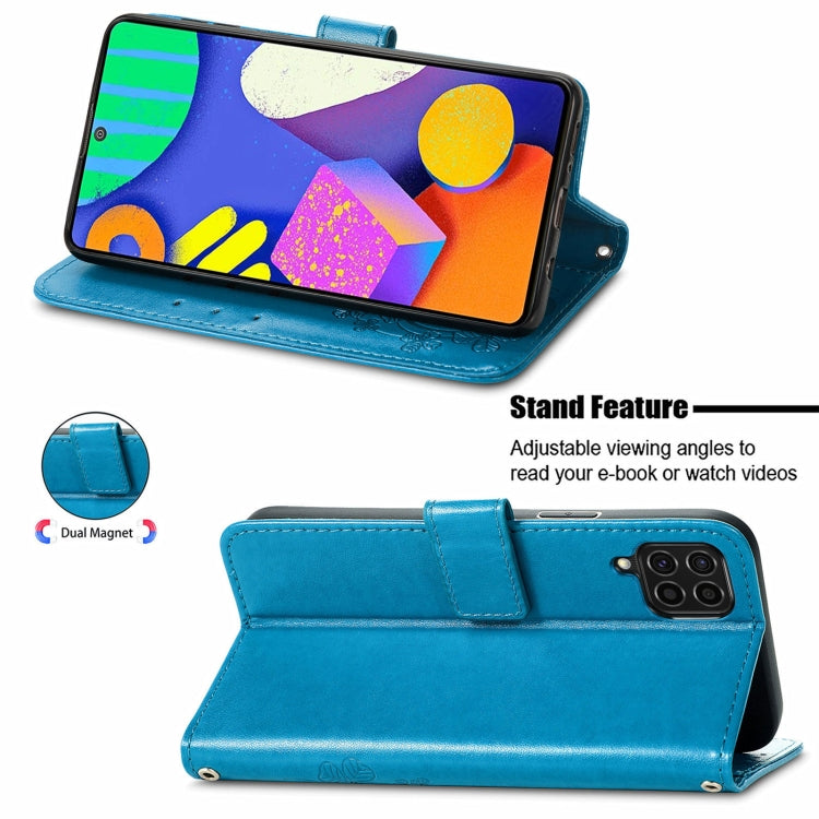For Samsung Galaxy F62/M62 Four-leaf Clasp Embossed Buckle Mobile Phone Protection Leather Case with Lanyard & Card Slot & Wallet & Bracket Function