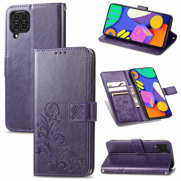 For Samsung Galaxy F62/M62 Four-leaf Clasp Embossed Buckle Mobile Phone Protection Leather Case with Lanyard & Card Slot & Wallet & Bracket Function