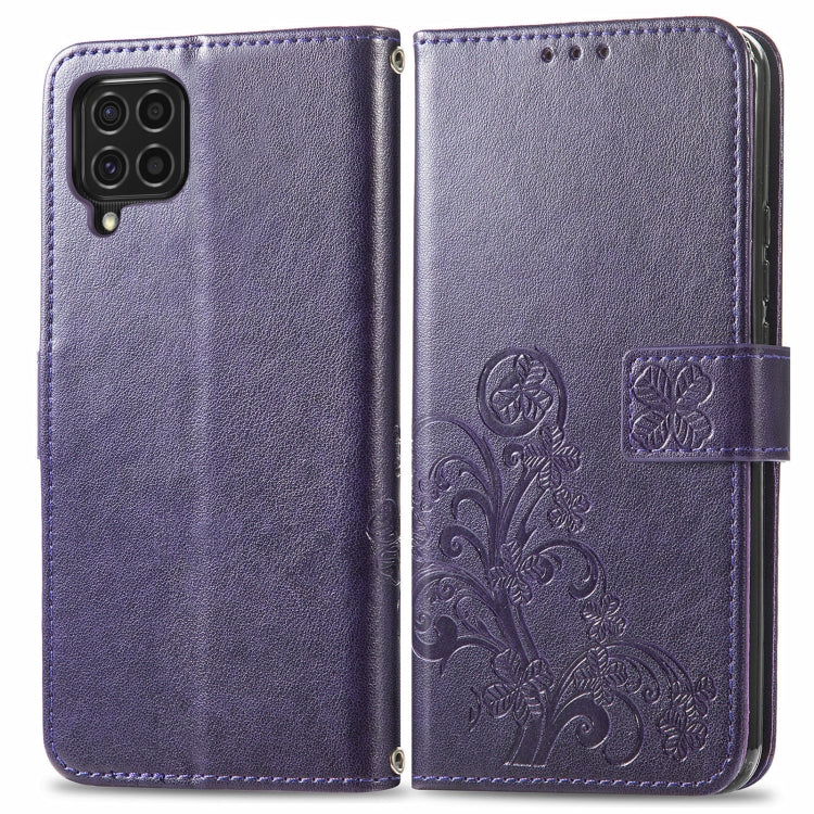 For Samsung Galaxy F62/M62 Four-leaf Clasp Embossed Buckle Mobile Phone Protection Leather Case with Lanyard & Card Slot & Wallet & Bracket Function