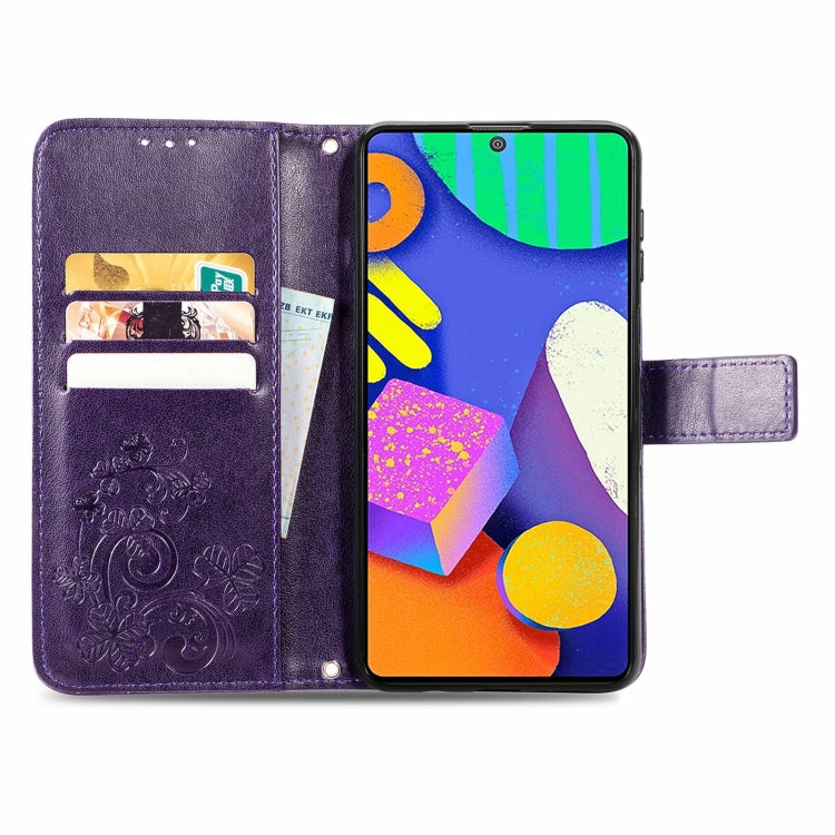 For Samsung Galaxy F62/M62 Four-leaf Clasp Embossed Buckle Mobile Phone Protection Leather Case with Lanyard & Card Slot & Wallet & Bracket Function