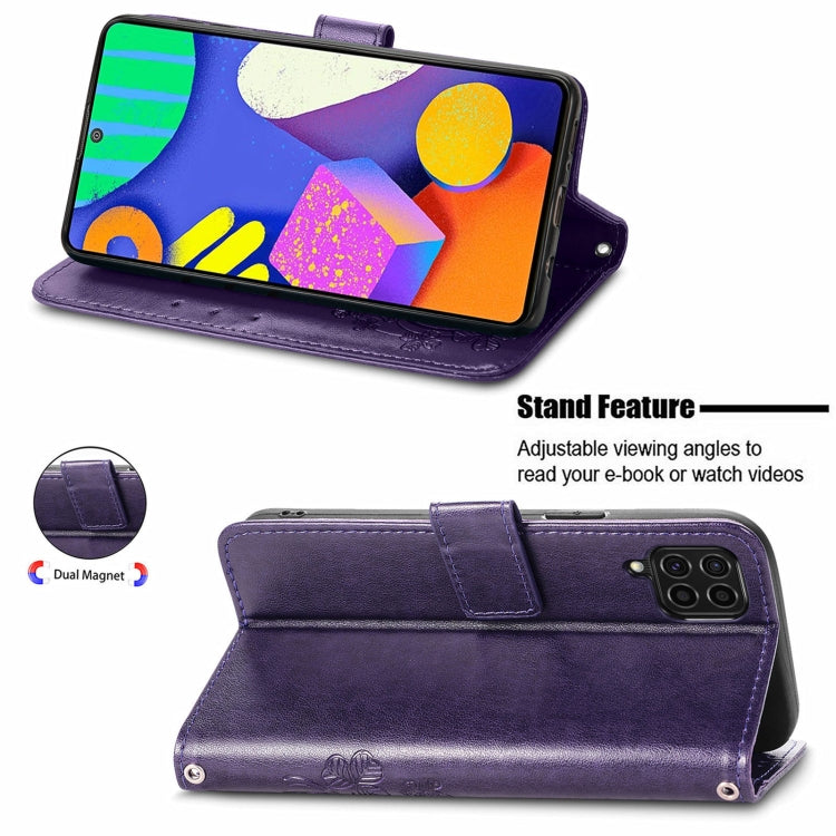For Samsung Galaxy F62/M62 Four-leaf Clasp Embossed Buckle Mobile Phone Protection Leather Case with Lanyard & Card Slot & Wallet & Bracket Function