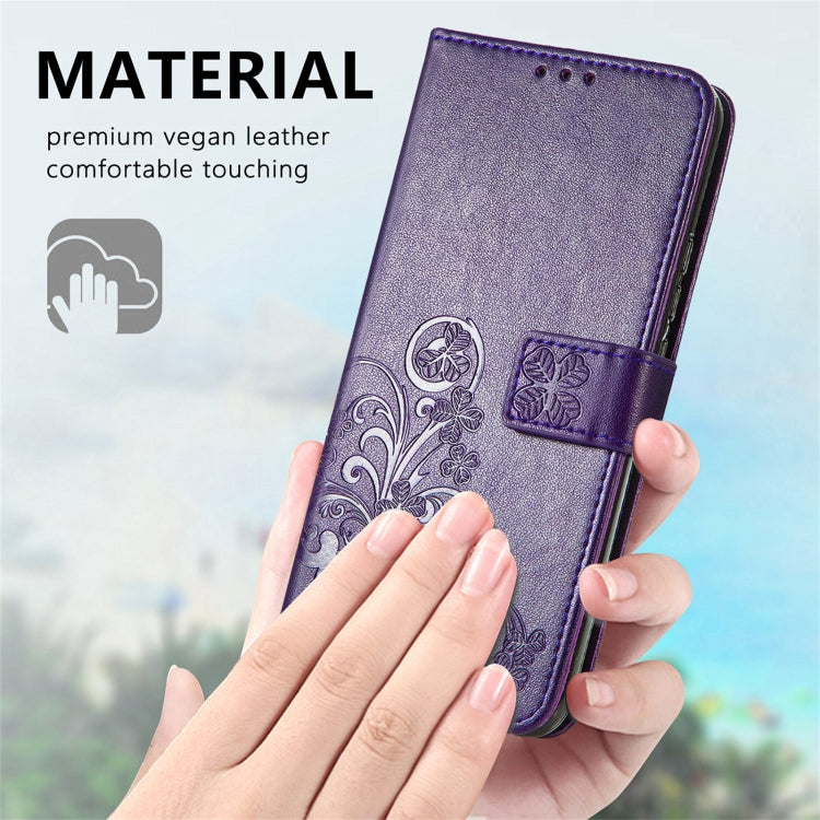 For Samsung Galaxy F62/M62 Four-leaf Clasp Embossed Buckle Mobile Phone Protection Leather Case with Lanyard & Card Slot & Wallet & Bracket Function