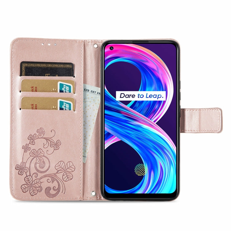For OPPO Realme 8 5G / Realme V13 5G Four-leaf Clasp Embossed Buckle Mobile Phone Protection Leather Case with Lanyard & Card Slot & Wallet & Bracket Function