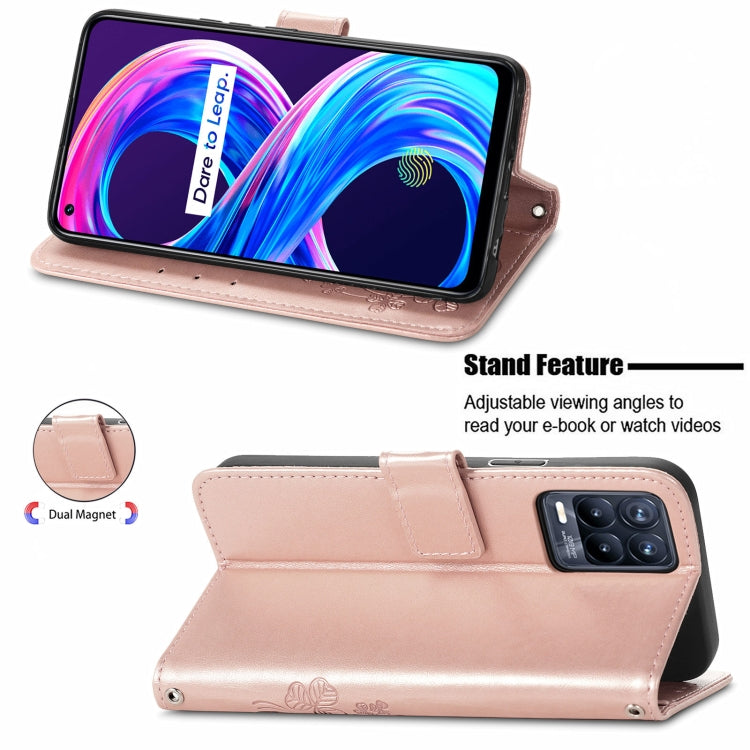 For OPPO Realme 8 5G / Realme V13 5G Four-leaf Clasp Embossed Buckle Mobile Phone Protection Leather Case with Lanyard & Card Slot & Wallet & Bracket Function