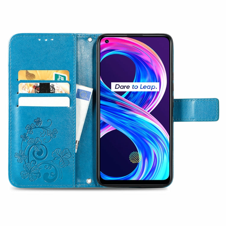 For OPPO Realme 8 5G / Realme V13 5G Four-leaf Clasp Embossed Buckle Mobile Phone Protection Leather Case with Lanyard & Card Slot & Wallet & Bracket Function