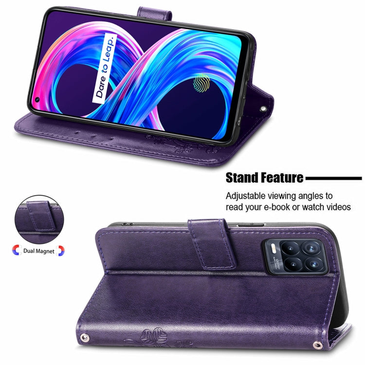 For OPPO Realme 8 5G / Realme V13 5G Four-leaf Clasp Embossed Buckle Mobile Phone Protection Leather Case with Lanyard & Card Slot & Wallet & Bracket Function