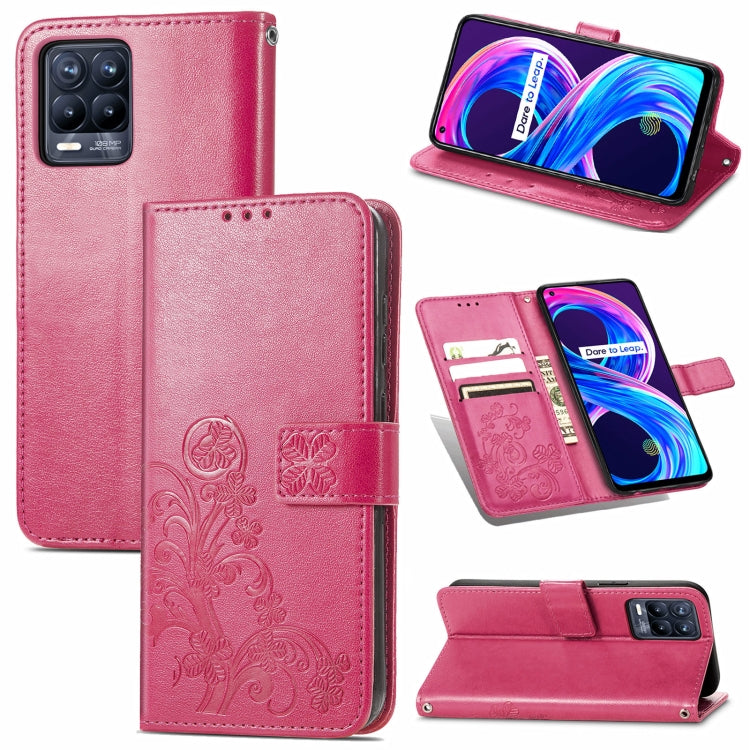For OPPO Realme Q3 5G / Realme Q3i 5G Four-leaf Clasp Embossed Buckle Mobile Phone Protection Leather Case with Lanyard & Card Slot & Wallet & Bracket Function
