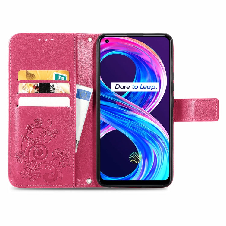 For OPPO Realme Q3 5G / Realme Q3i 5G Four-leaf Clasp Embossed Buckle Mobile Phone Protection Leather Case with Lanyard & Card Slot & Wallet & Bracket Function
