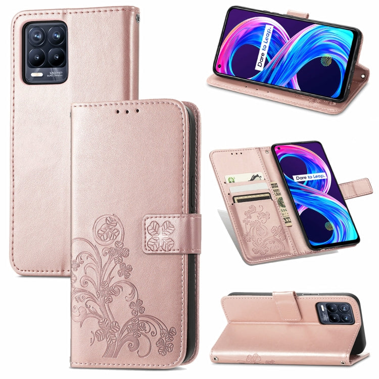 For OPPO Realme Q3 5G / Realme Q3i 5G Four-leaf Clasp Embossed Buckle Mobile Phone Protection Leather Case with Lanyard & Card Slot & Wallet & Bracket Function
