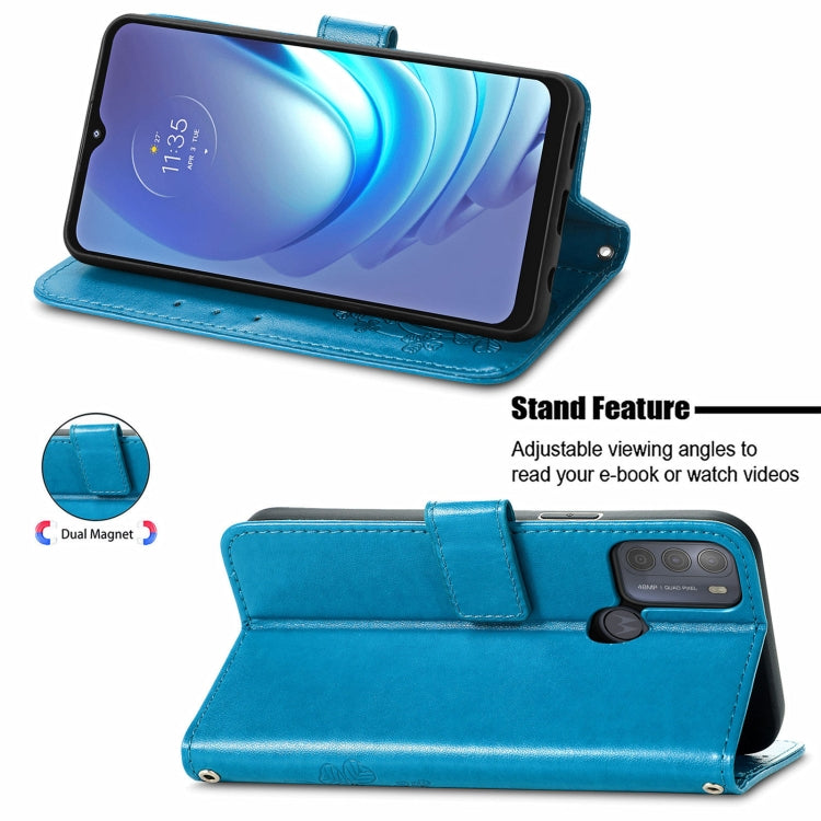 For Motorola Moto G50 Four-leaf Clasp Embossed Buckle Mobile Phone Protection Leather Case with Lanyard & Card Slot & Wallet & Bracket Function