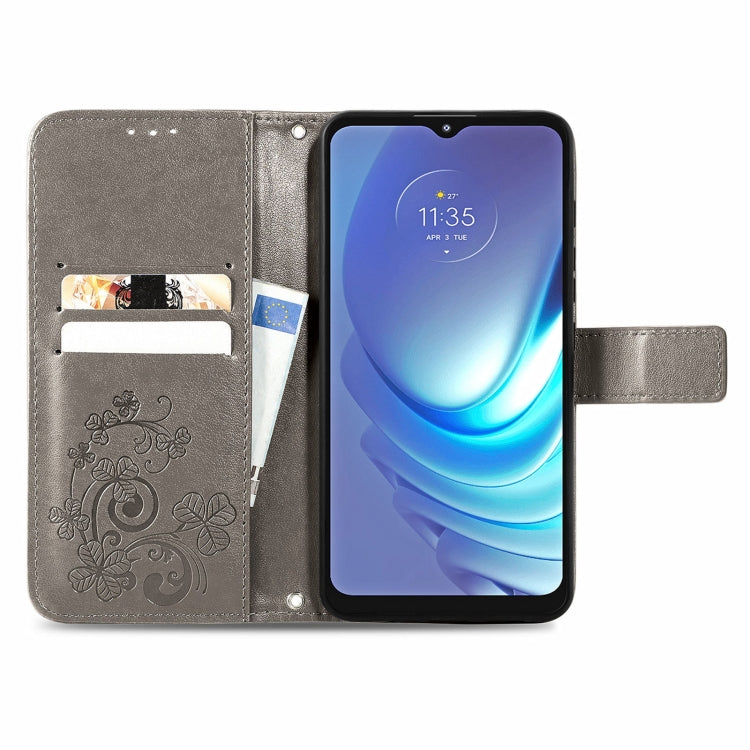 For Motorola Moto G50 Four-leaf Clasp Embossed Buckle Mobile Phone Protection Leather Case with Lanyard & Card Slot & Wallet & Bracket Function