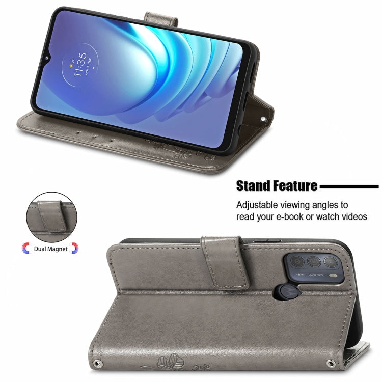 For Motorola Moto G50 Four-leaf Clasp Embossed Buckle Mobile Phone Protection Leather Case with Lanyard & Card Slot & Wallet & Bracket Function