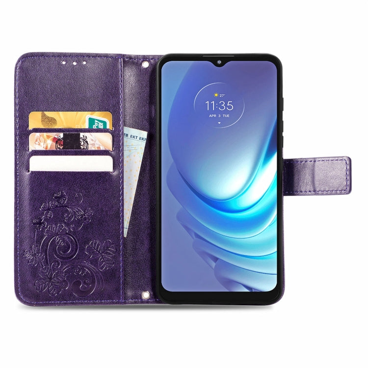 For Motorola Moto G50 Four-leaf Clasp Embossed Buckle Mobile Phone Protection Leather Case with Lanyard & Card Slot & Wallet & Bracket Function