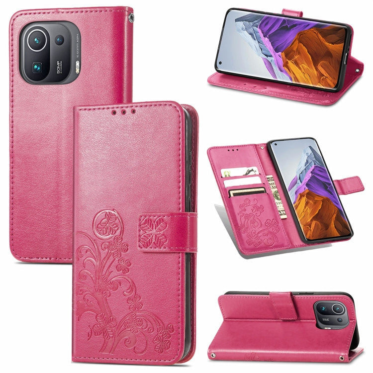 For Xiaomi Mi 11 Pro Four-leaf Clasp Embossed Buckle Mobile Phone Protection Leather Case with Lanyard & Card Slot & Wallet & Bracket Function