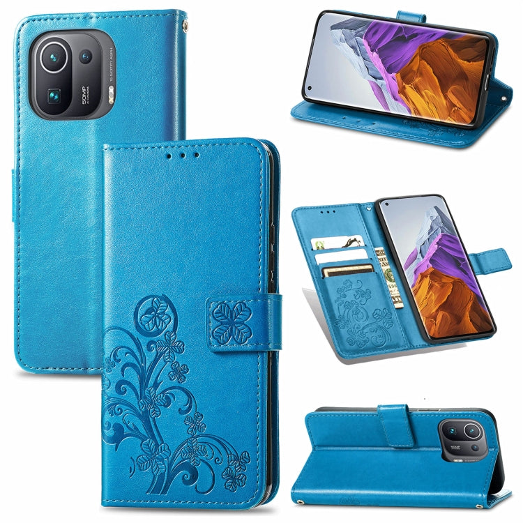 For Xiaomi Mi 11 Pro Four-leaf Clasp Embossed Buckle Mobile Phone Protection Leather Case with Lanyard & Card Slot & Wallet & Bracket Function