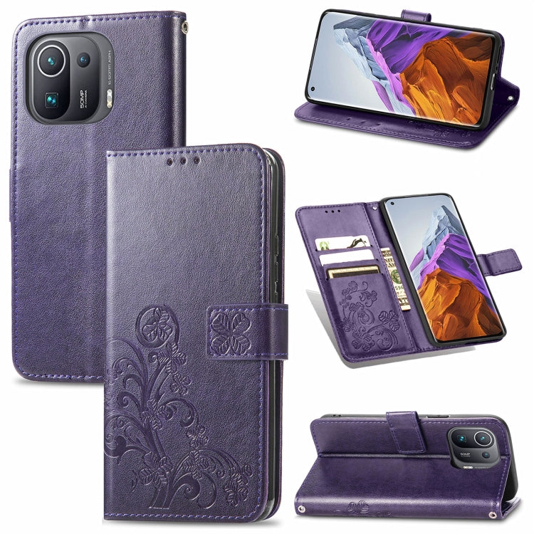 For Xiaomi Mi 11 Pro Four-leaf Clasp Embossed Buckle Mobile Phone Protection Leather Case with Lanyard & Card Slot & Wallet & Bracket Function