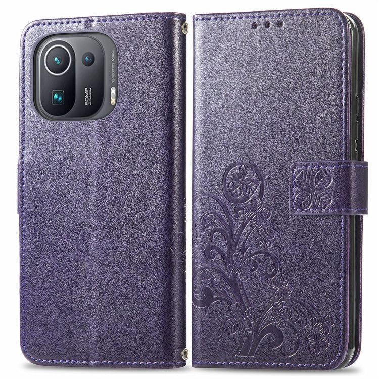 For Xiaomi Mi 11 Pro Four-leaf Clasp Embossed Buckle Mobile Phone Protection Leather Case with Lanyard & Card Slot & Wallet & Bracket Function