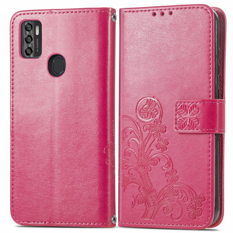 For ZTE A7S 2020 Four-leaf Clasp Embossed Buckle Mobile Phone Protection Leather Case with Lanyard & Card Slot & Wallet & Bracket Function