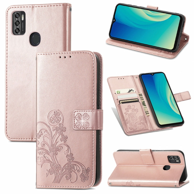 For ZTE A7S 2020 Four-leaf Clasp Embossed Buckle Mobile Phone Protection Leather Case with Lanyard & Card Slot & Wallet & Bracket Function