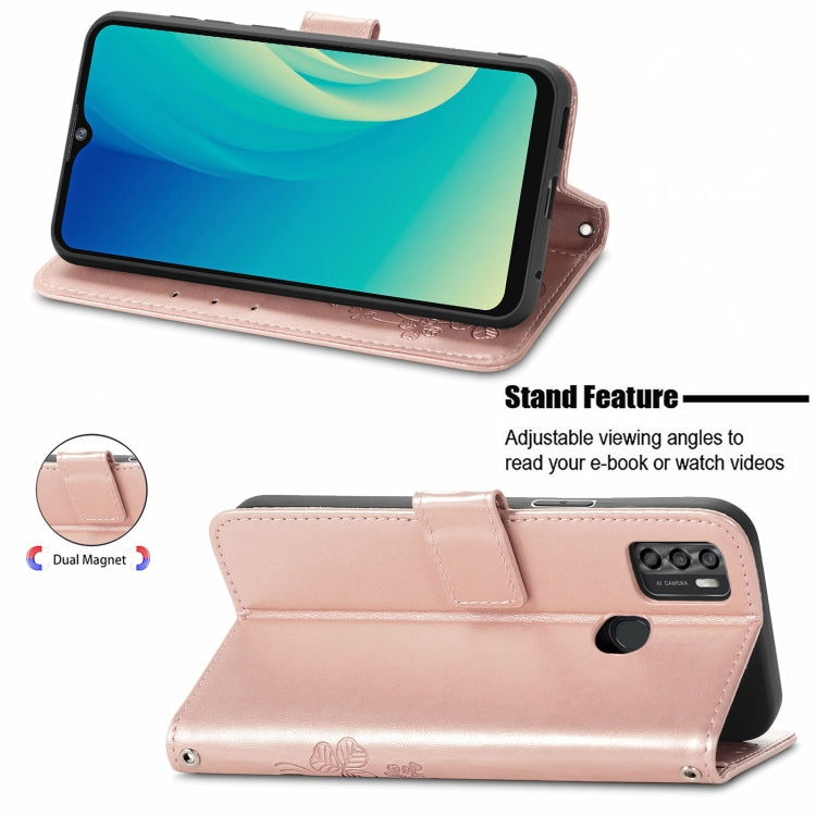 For ZTE A7S 2020 Four-leaf Clasp Embossed Buckle Mobile Phone Protection Leather Case with Lanyard & Card Slot & Wallet & Bracket Function