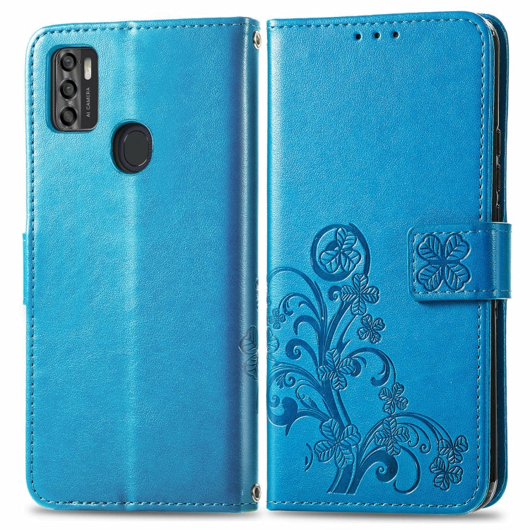 For ZTE A7S 2020 Four-leaf Clasp Embossed Buckle Mobile Phone Protection Leather Case with Lanyard & Card Slot & Wallet & Bracket Function