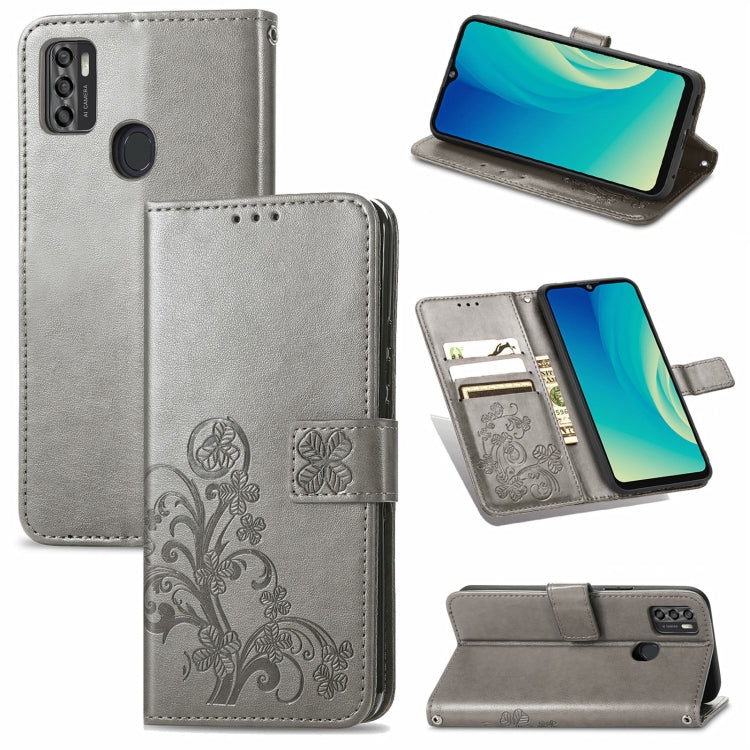 For ZTE A7S 2020 Four-leaf Clasp Embossed Buckle Mobile Phone Protection Leather Case with Lanyard & Card Slot & Wallet & Bracket Function