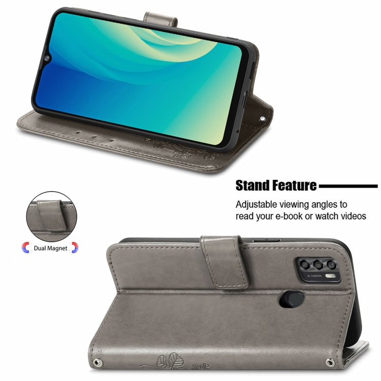 For ZTE A7S 2020 Four-leaf Clasp Embossed Buckle Mobile Phone Protection Leather Case with Lanyard & Card Slot & Wallet & Bracket Function