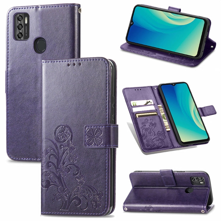 For ZTE A7S 2020 Four-leaf Clasp Embossed Buckle Mobile Phone Protection Leather Case with Lanyard & Card Slot & Wallet & Bracket Function