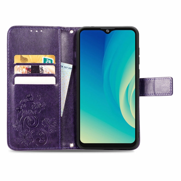For ZTE A7S 2020 Four-leaf Clasp Embossed Buckle Mobile Phone Protection Leather Case with Lanyard & Card Slot & Wallet & Bracket Function