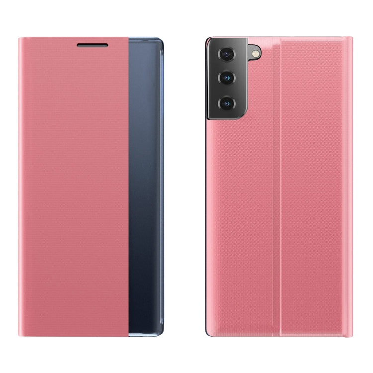 For Samsung Galaxy S21 FE Side Display Magnetic Horizontal Flip Plain Texture Cloth + PC Case with Holder & Sleep / Wake-up Function