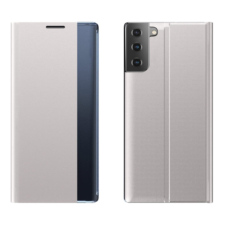 For Samsung Galaxy S21 FE Side Display Magnetic Horizontal Flip Plain Texture Cloth + PC Case with Holder & Sleep / Wake-up Function