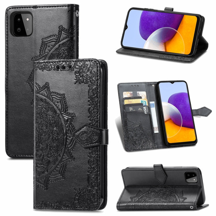 For Samsung Galaxy A22 5G Mandala Embossing Pattern Horizontal Flip Leather Case with Holder & Card Slots & Wallet & Lanyard