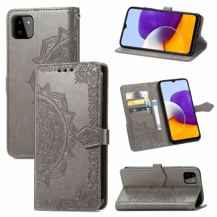 For Samsung Galaxy A22 5G Mandala Embossing Pattern Horizontal Flip Leather Case with Holder & Card Slots & Wallet & Lanyard