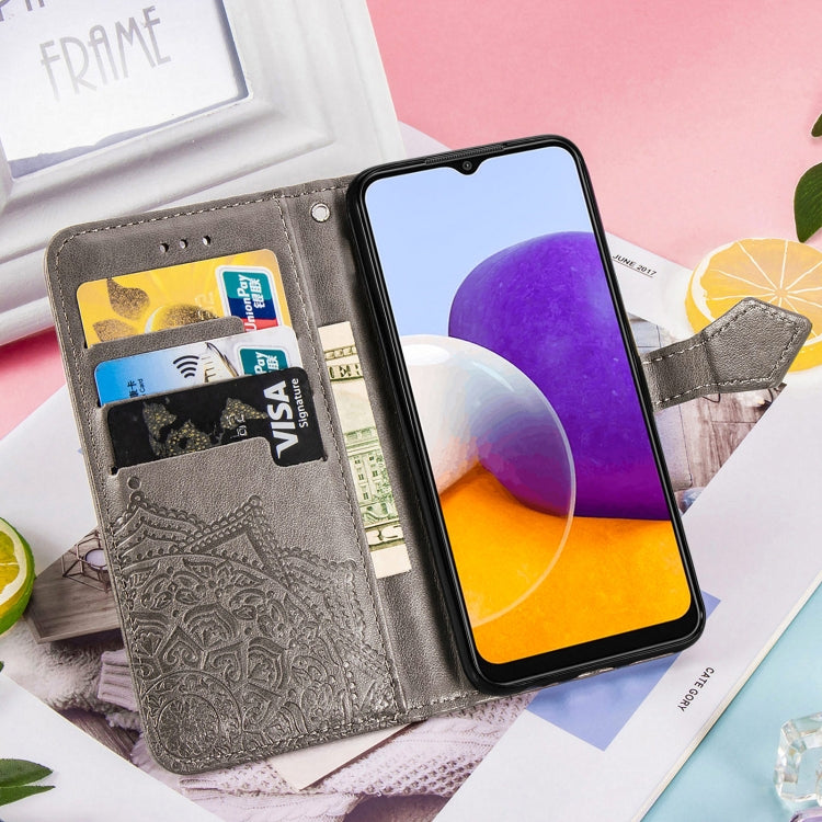 For Samsung Galaxy A22 5G Mandala Embossing Pattern Horizontal Flip Leather Case with Holder & Card Slots & Wallet & Lanyard