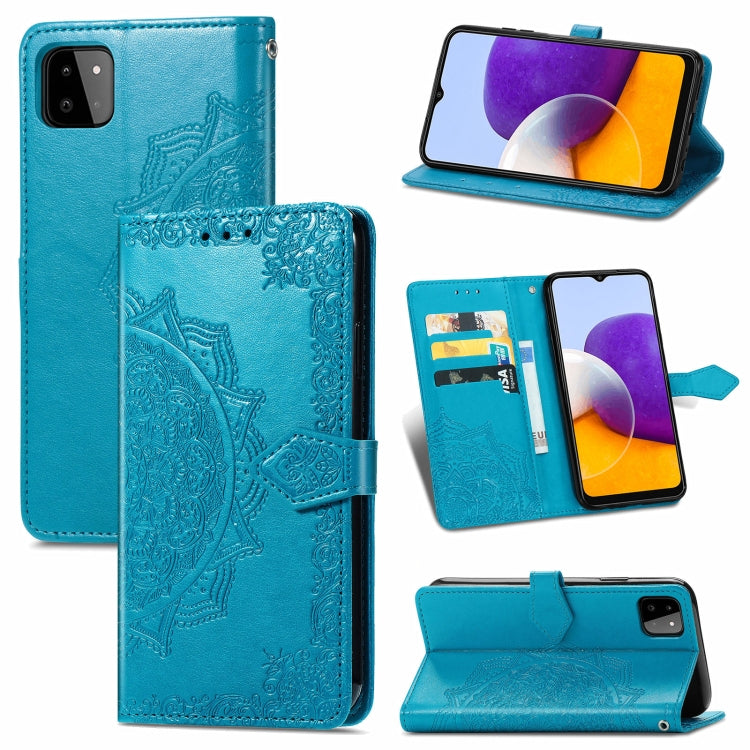 For Samsung Galaxy A22 5G Mandala Embossing Pattern Horizontal Flip Leather Case with Holder & Card Slots & Wallet & Lanyard