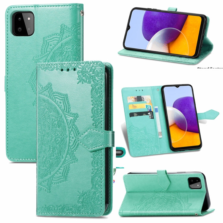 For Samsung Galaxy A22 5G Mandala Embossing Pattern Horizontal Flip Leather Case with Holder & Card Slots & Wallet & Lanyard