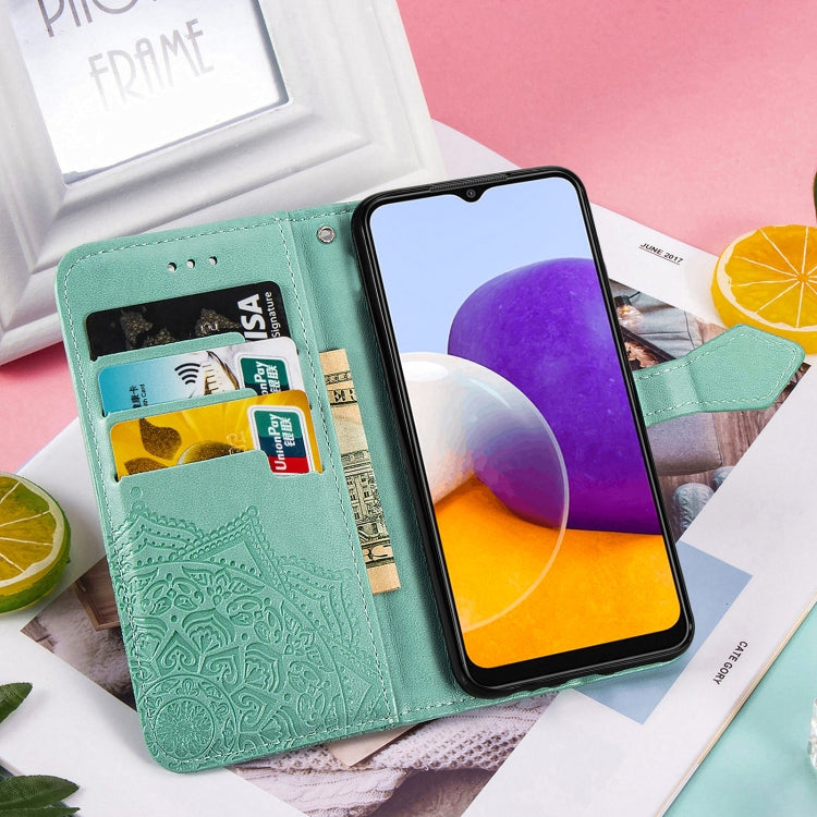 For Samsung Galaxy A22 5G Mandala Embossing Pattern Horizontal Flip Leather Case with Holder & Card Slots & Wallet & Lanyard